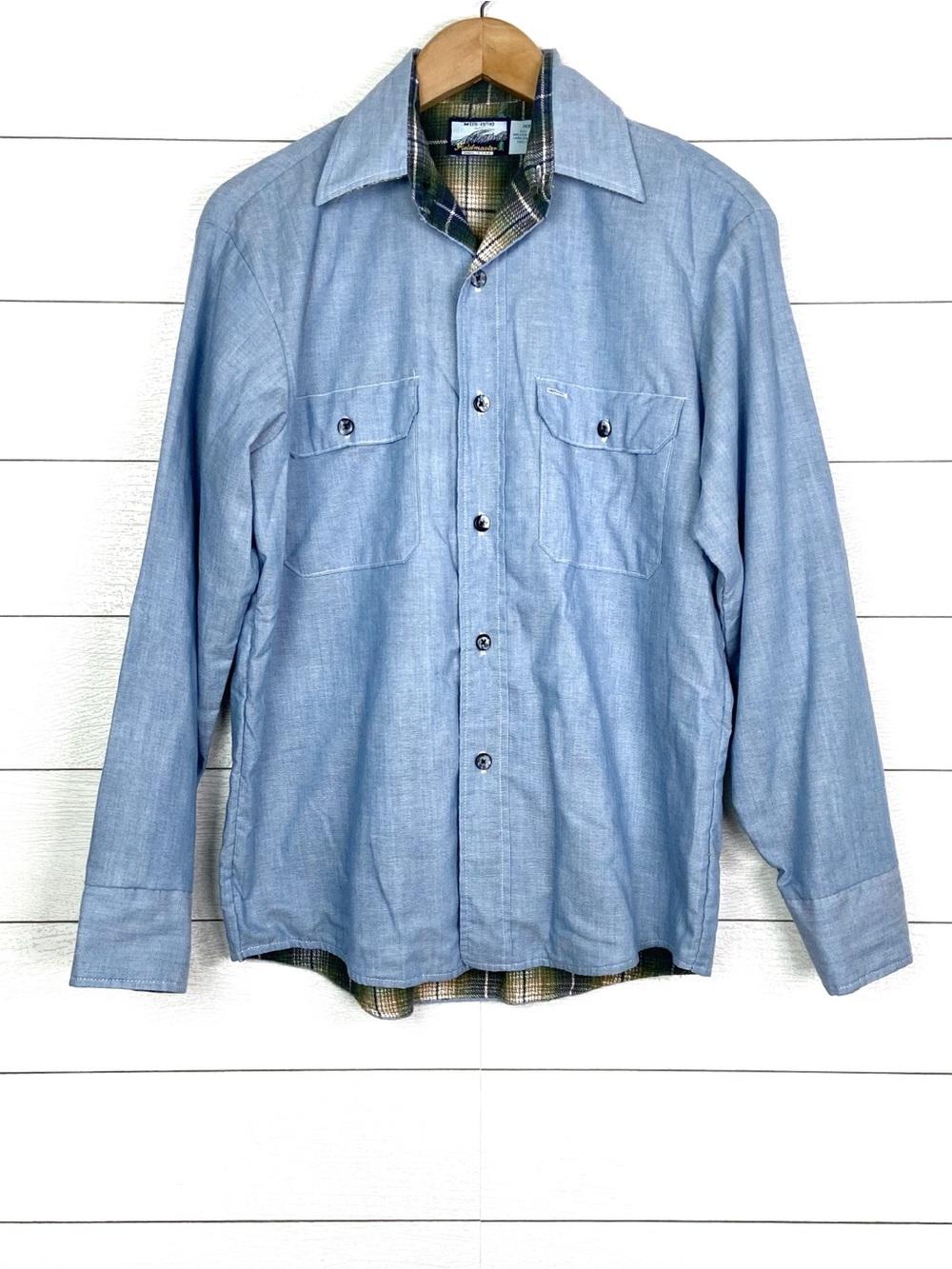 VINTAGE Fieldmaster Flannel Lined Blue Chambray Button Up Shirt Medium USA